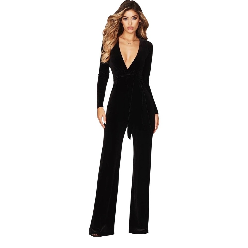 Nookie Vamp Black Velvet Long Sleeve Plunge V-neck Wide Leg Jumpsuit Small EUC